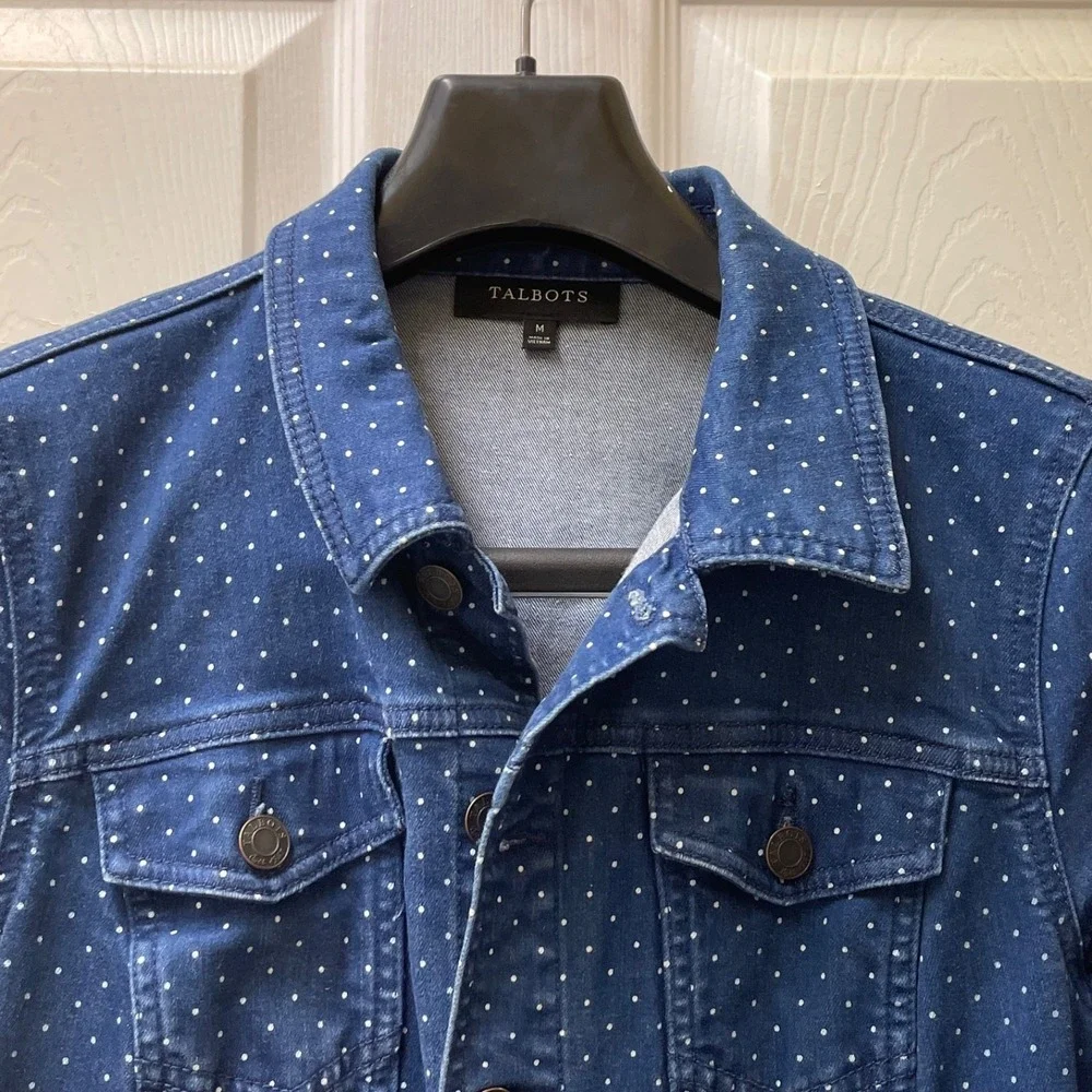 Talbots‎ Women's Sz Medium Navy Polka Dot Jean Denim Jacket Cotton Stretch